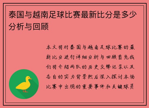 泰国与越南足球比赛最新比分是多少分析与回顾